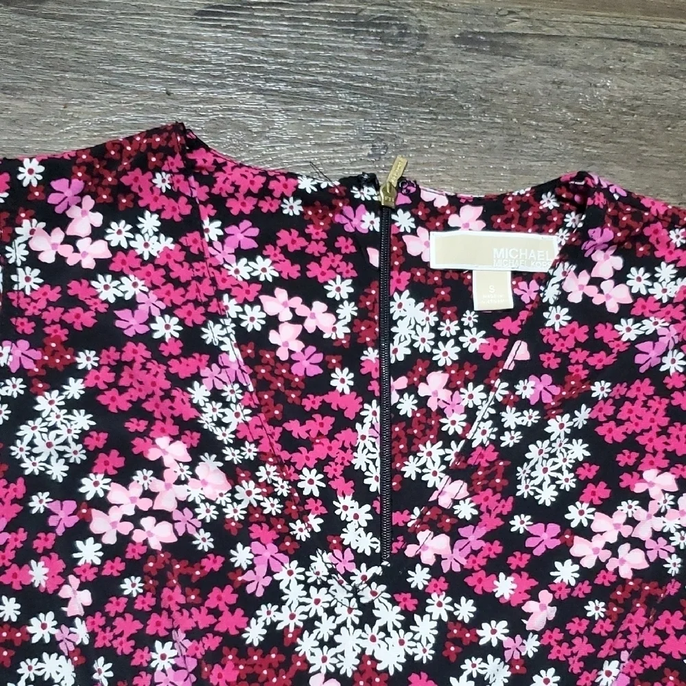 Michael Kors Pink Floral A-Line Short Sleeve Stretch Midi Dress